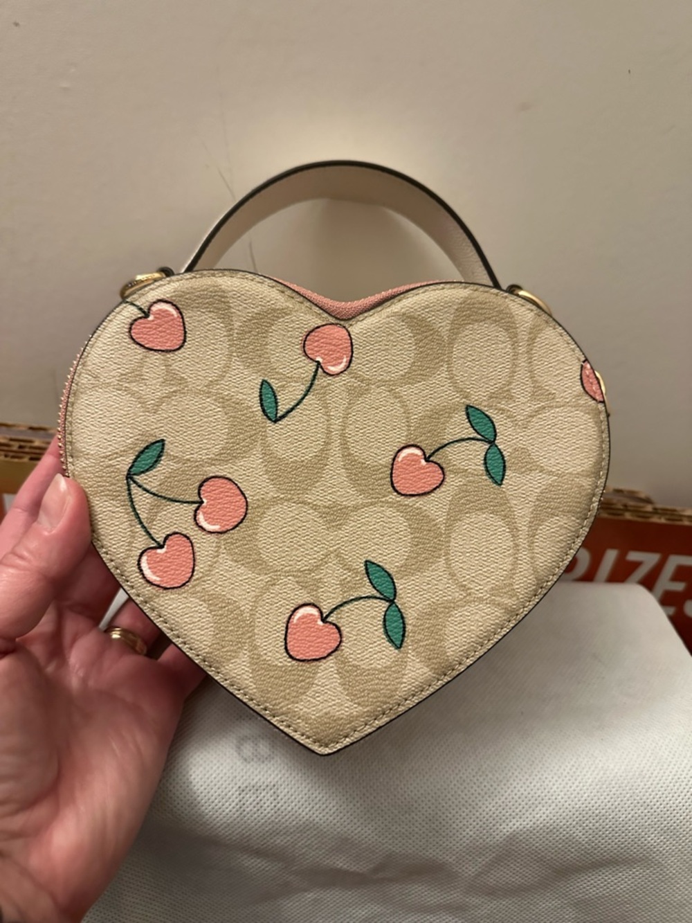 Coach Heart-Shaped Cherry Hearts Crossbody Bag in Beige and Pink - Picture 2 of 5